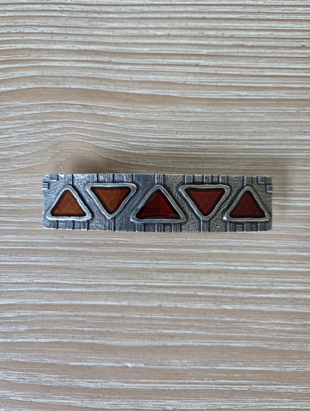 Vintage Danforth Pewterers Red Geometric Triangle Barrette Hair Clip